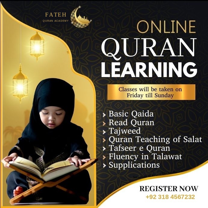 Fateh Quran Academy poster listing online lessons: Basic Qaida, Read Quran, Tajweed, Quran Teaching of Salat, Tafseer e Quran, Fluency in Talawat and Supplications